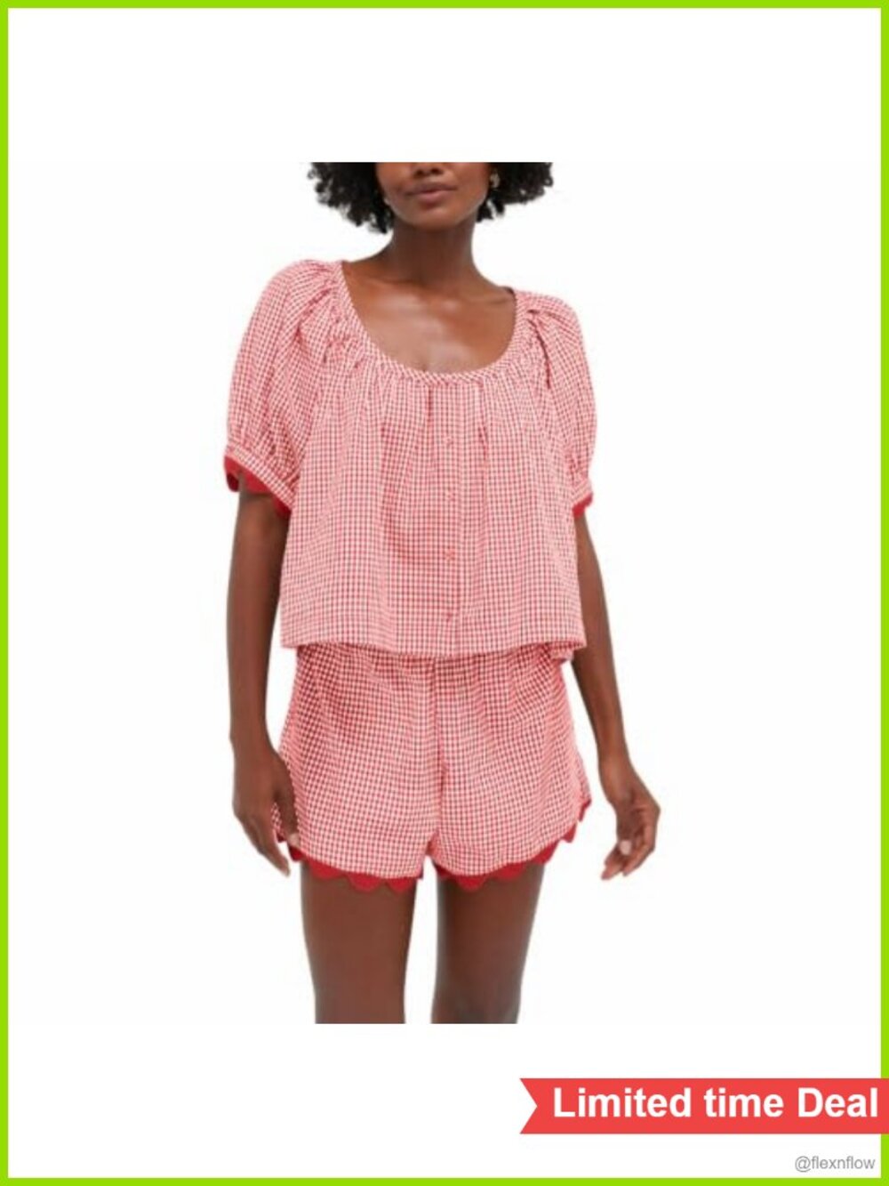 Women's Linen Blend 2 Piece Short Set Puff Sleeve Gingham Boho Vacation